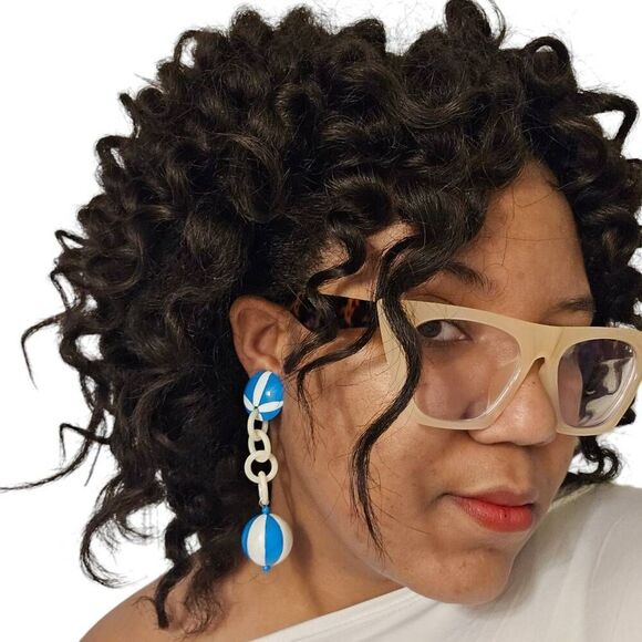 Blue and White Striped Ball Dangle Clip-Ons - Picture 1 of 6